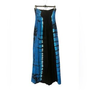 Blue and Black Tie-Dye Cotton Maxi Lined Smocked Halter Dress 90s Y2K Fairycore